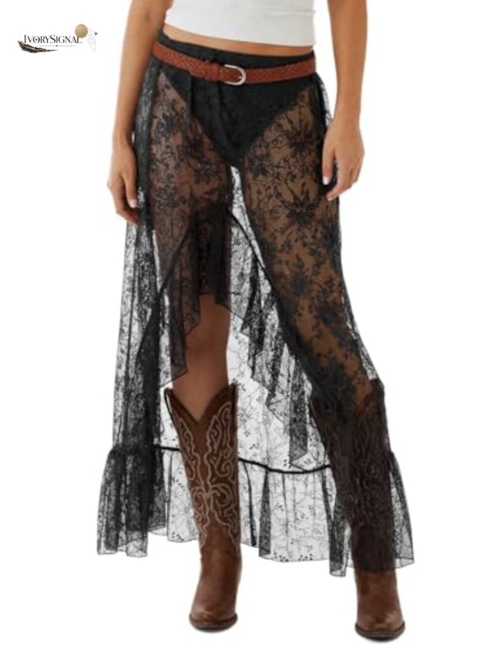 Womens Sheer Lace Maxi Skirt Asymmetrical Ruffle Beach Cover Up Festival